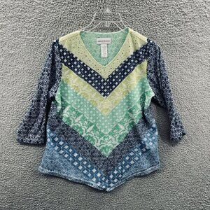 Alfred Dunner Women Top Medium Blue Green Embellished 3/4 Sleeve Shirt Stretch